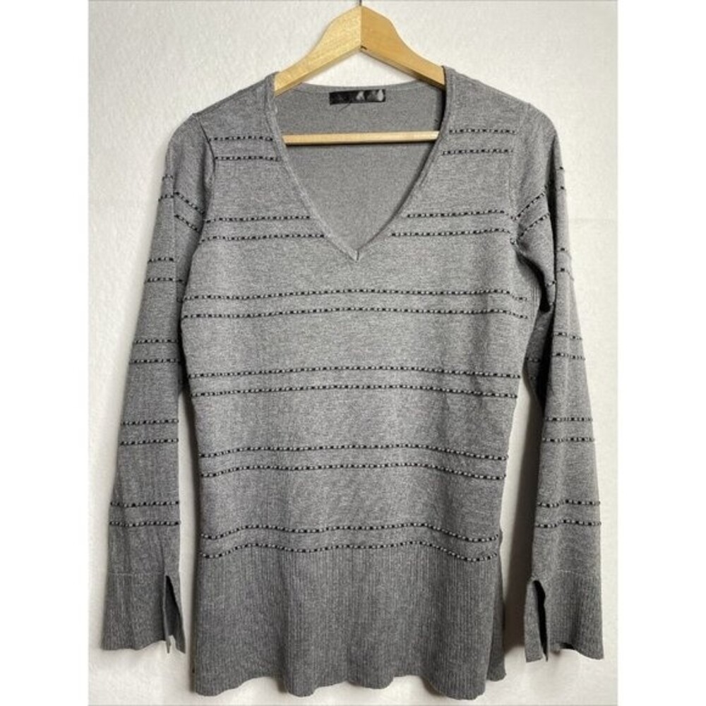 Gray Pointelle V-Neck Lightweight Knit Sweater with Side Slits Measures Large